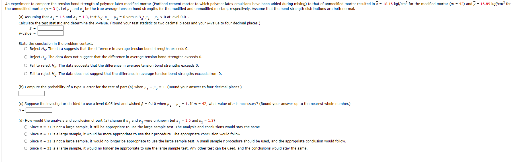 Solved An Experiment To Compare The Tension Bond Strength Chegg Com