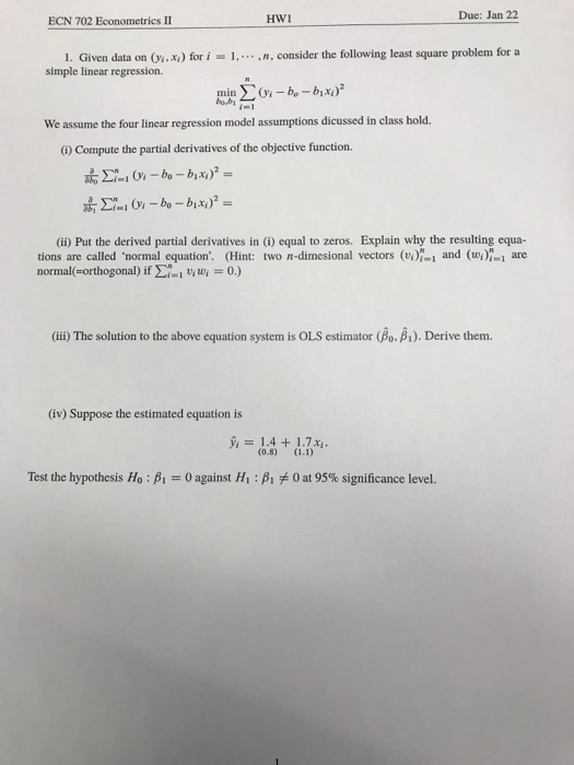 Solved Due: Jan 22 ECN 702 Econometrics II 1. Given data on | Chegg.com