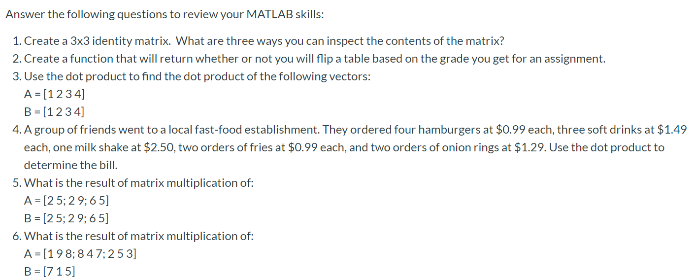 Solved Answer the following questions to review your MATLAB | Chegg.com