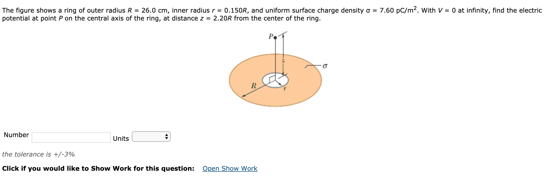 Solved The figure shows a ring of outer radius R = 26.0 cm, | Chegg.com