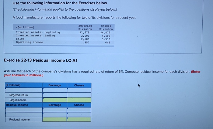 Solved Use the following information for the Exercises | Chegg.com
