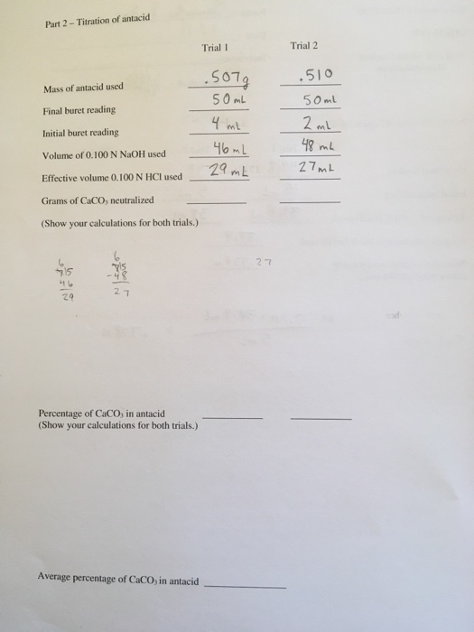 Solved Part 2 - Titration of antacid Trial 1 Trial 2 S07 5 | Chegg.com