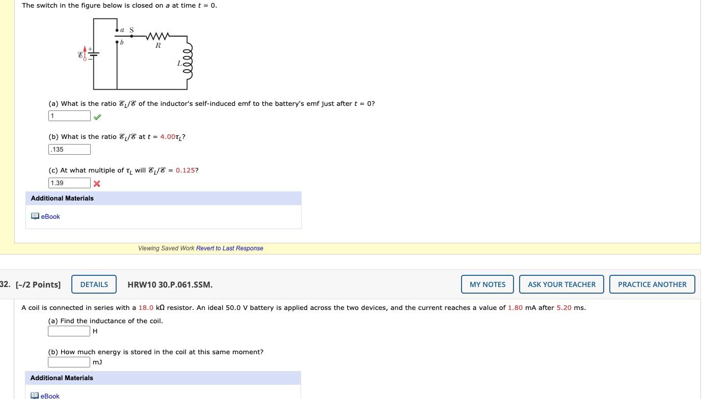 Solved The switch in the figure below is closed on a at time | Chegg.com