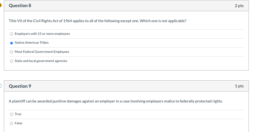 Solved Question 8 2 pts Title VII of the Civil Rights Act of 