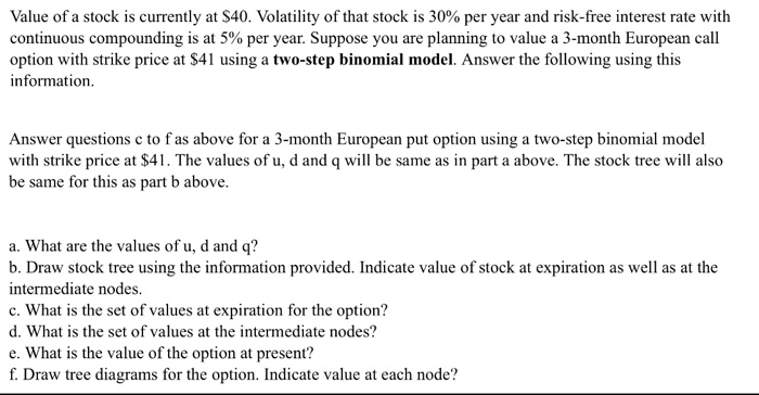 Solved Value of a stock is currently at $40. Volatility of | Chegg.com