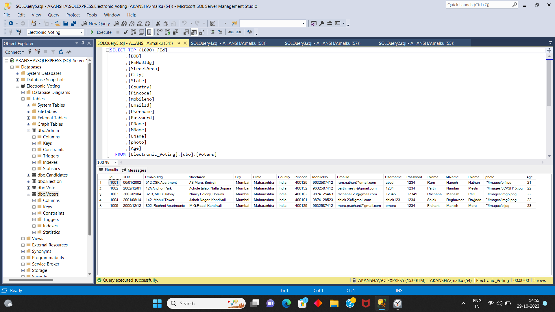 SQLQuery3.sqI - AKANSHA\SQLEXPRESS.Electronic_Voting | Chegg.com