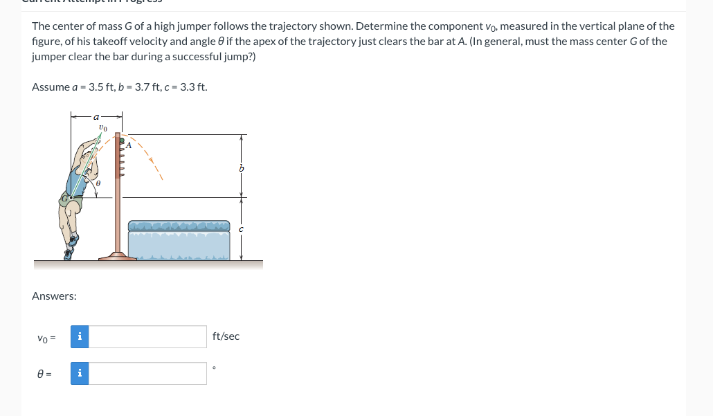 The center of mass \( G \) of a high jumper follows the trajectory shown. Determine the component \( v_{0} \), measured in th