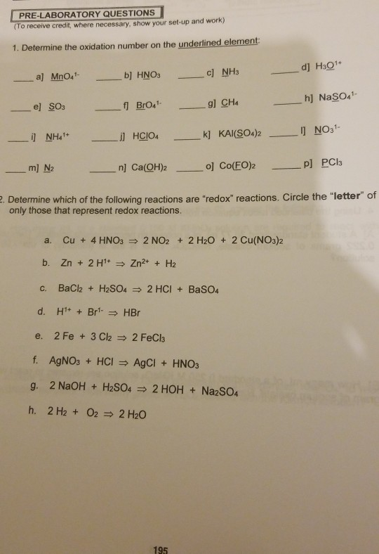 Solved PRE-LABORATORY QUESTIONS (To receive credit, where | Chegg.com