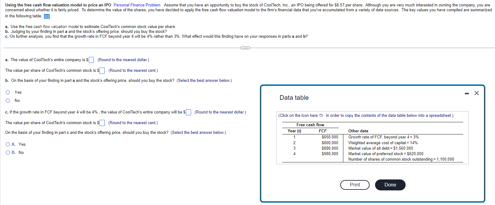Solved in the following table, a. Use the free cash flow | Chegg.com
