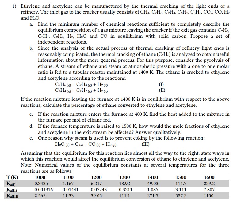 Solved Ethylene and acetylene can be manufactured by the Chegg