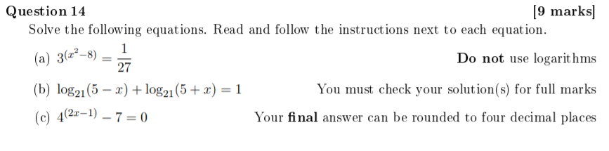 Solved Question 14 [9 marks] Solve the following equations. | Chegg.com