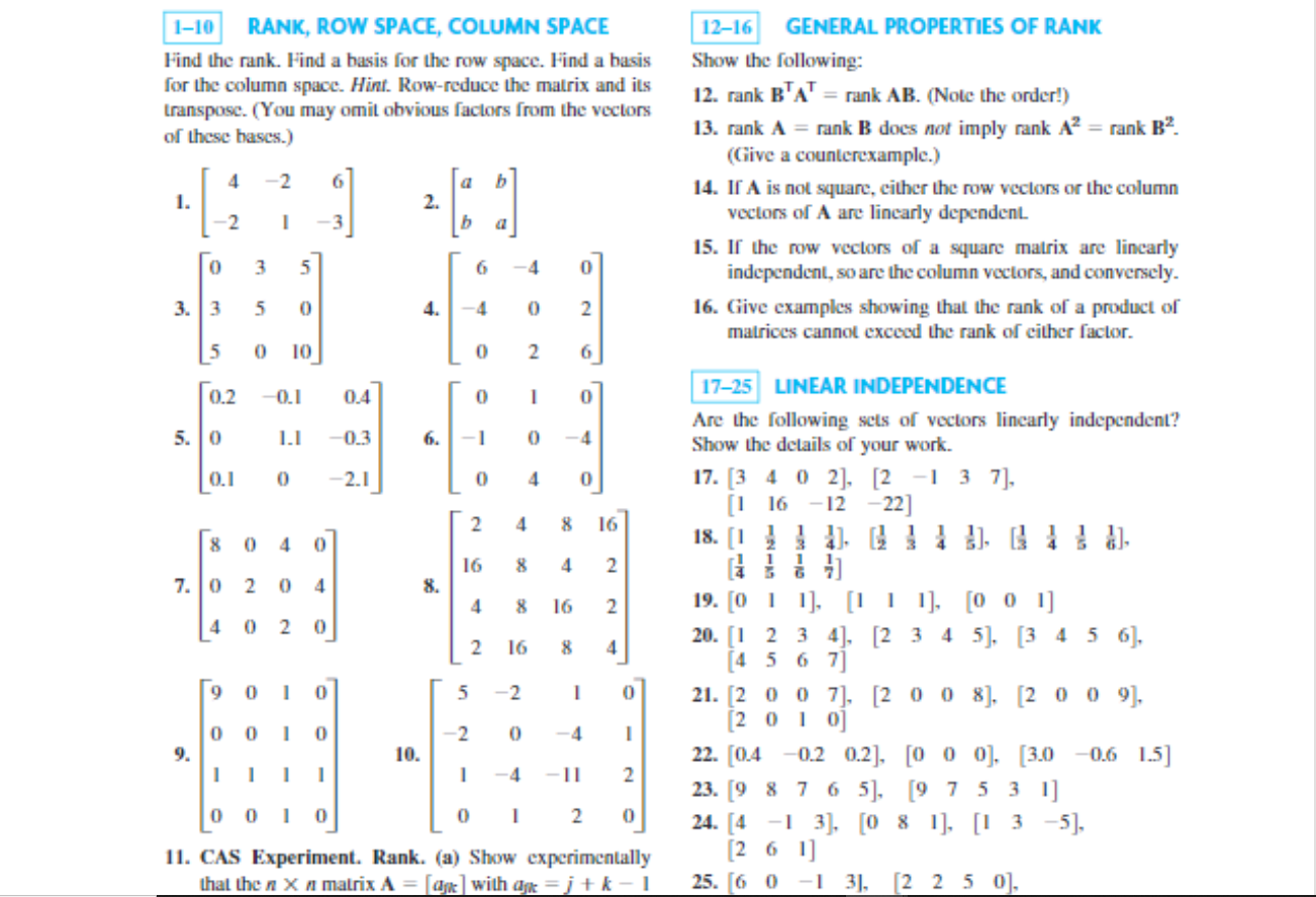 Solved 1 10 RANK ROW SPACE COLUMN SPACE Find the rank. Chegg