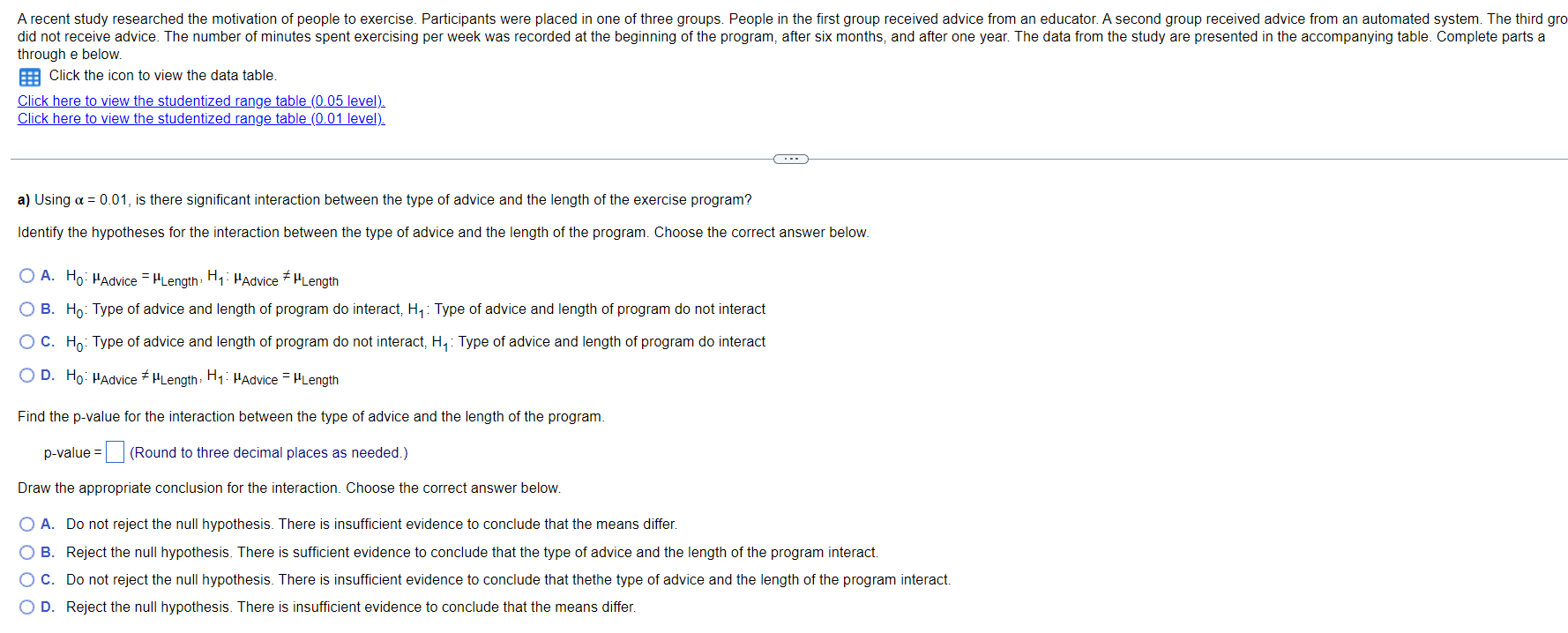 Studentized range table (0.05 level)through e below. | Chegg.com