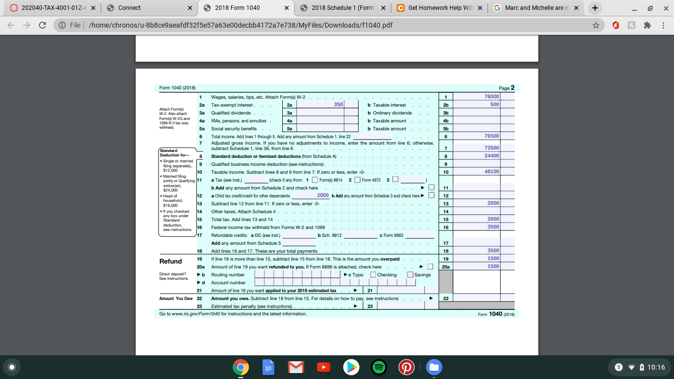 1. Complete Pages 1 And 2 Of Form 1040 For Marc | Chegg.com