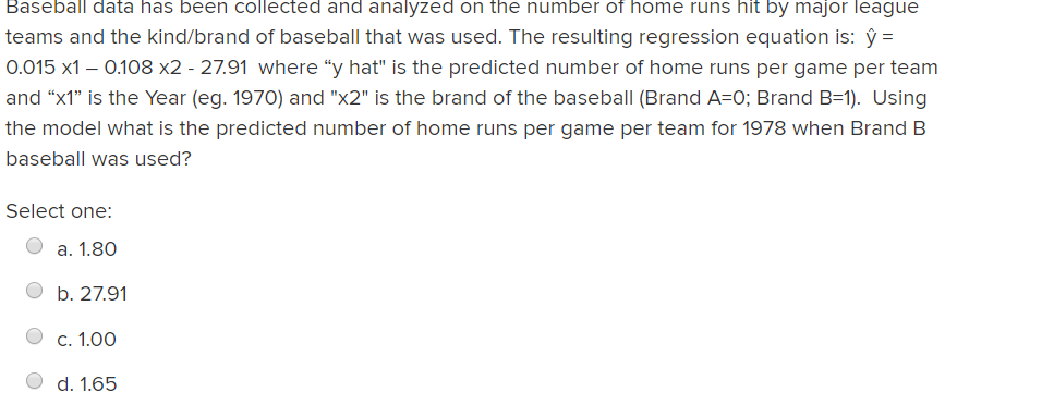 Solved Baseball data has been collected and analyzed on the | Chegg.com