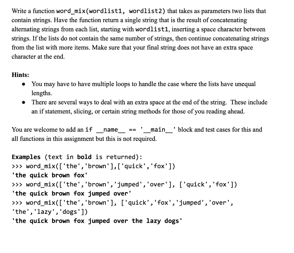 Solved Write a function word_mix(wordlist1, wordlist2) that | Chegg.com