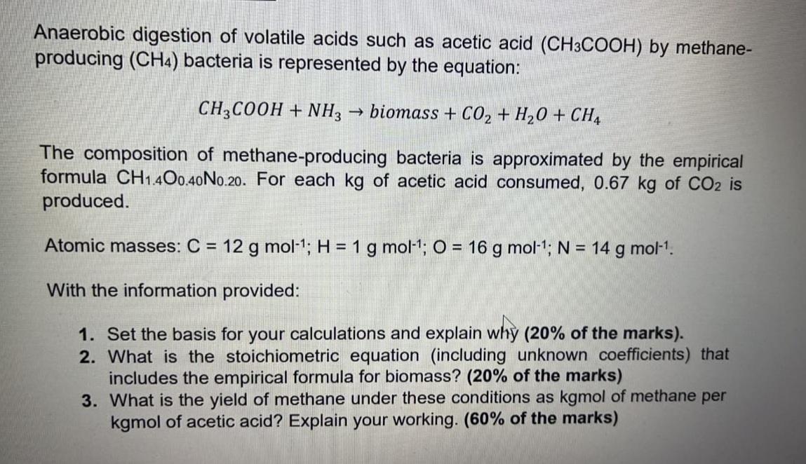 Solved Anaerobic digestion of volatile acids such as acetic
