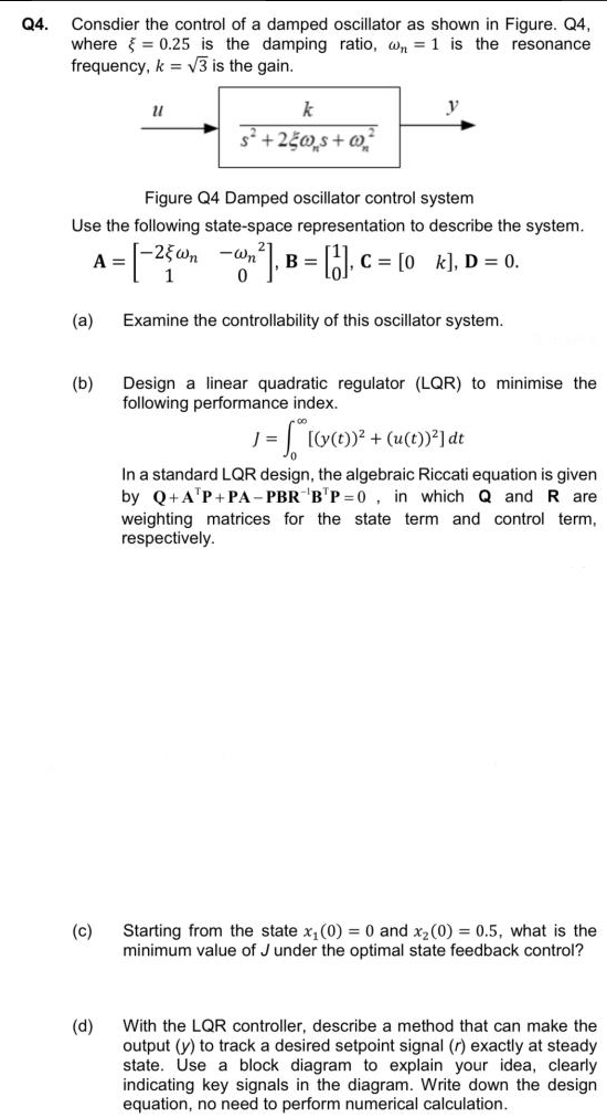 Solved Q4. Consdier the control of a damped oscillator as | Chegg.com