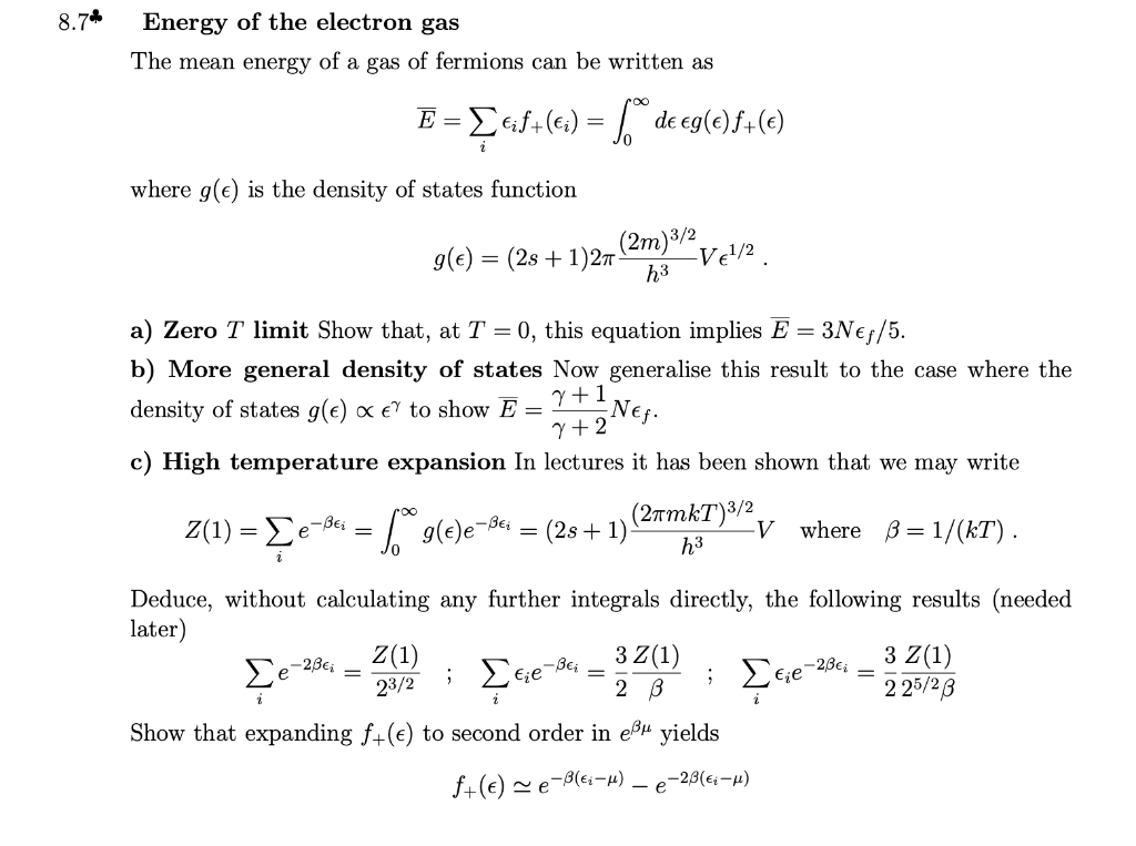 Solved 8 74 Energy Of The Electron Gas The Mean Energy Of Chegg Com