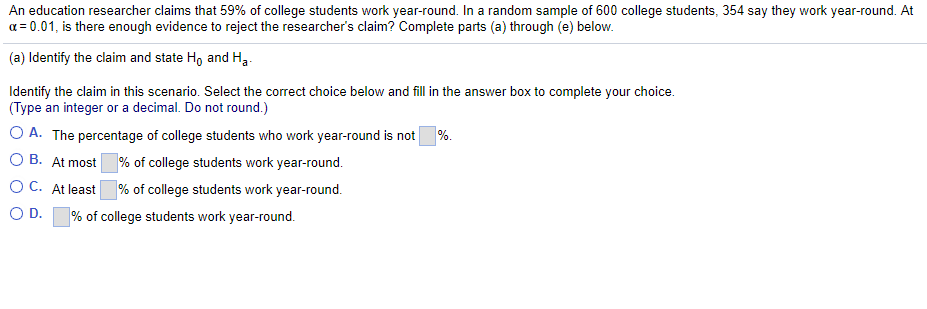 Solved An education researcher claims that 59% of college | Chegg.com