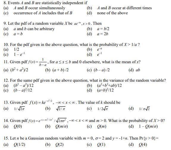 Solved 8. Events A And B Are Statistically Independent If | Chegg.com