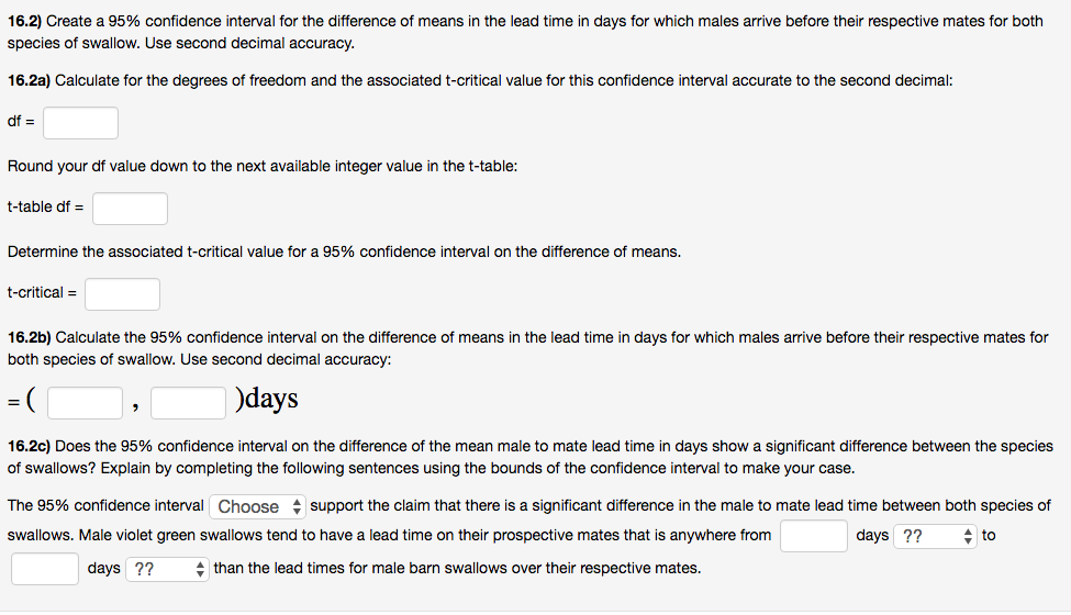 Solved 16.2) Create a 95% confidence interval for the | Chegg.com