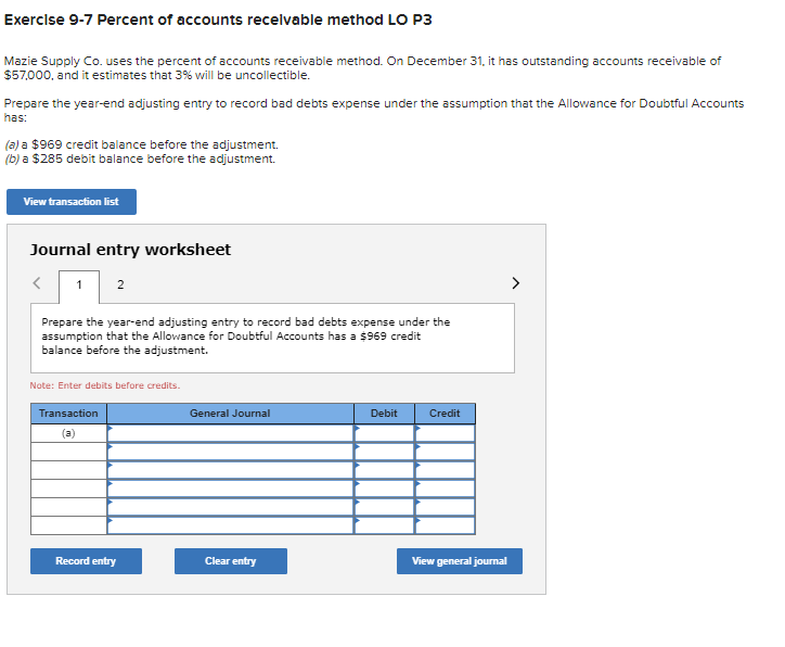 Solved Exercise 9-7 Percent of accounts receivable method LO | Chegg.com