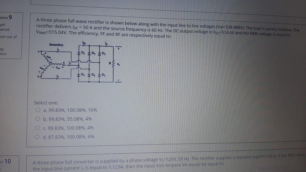 Solved stion 9 yet wered ked out of A three phase full wave | Chegg.com