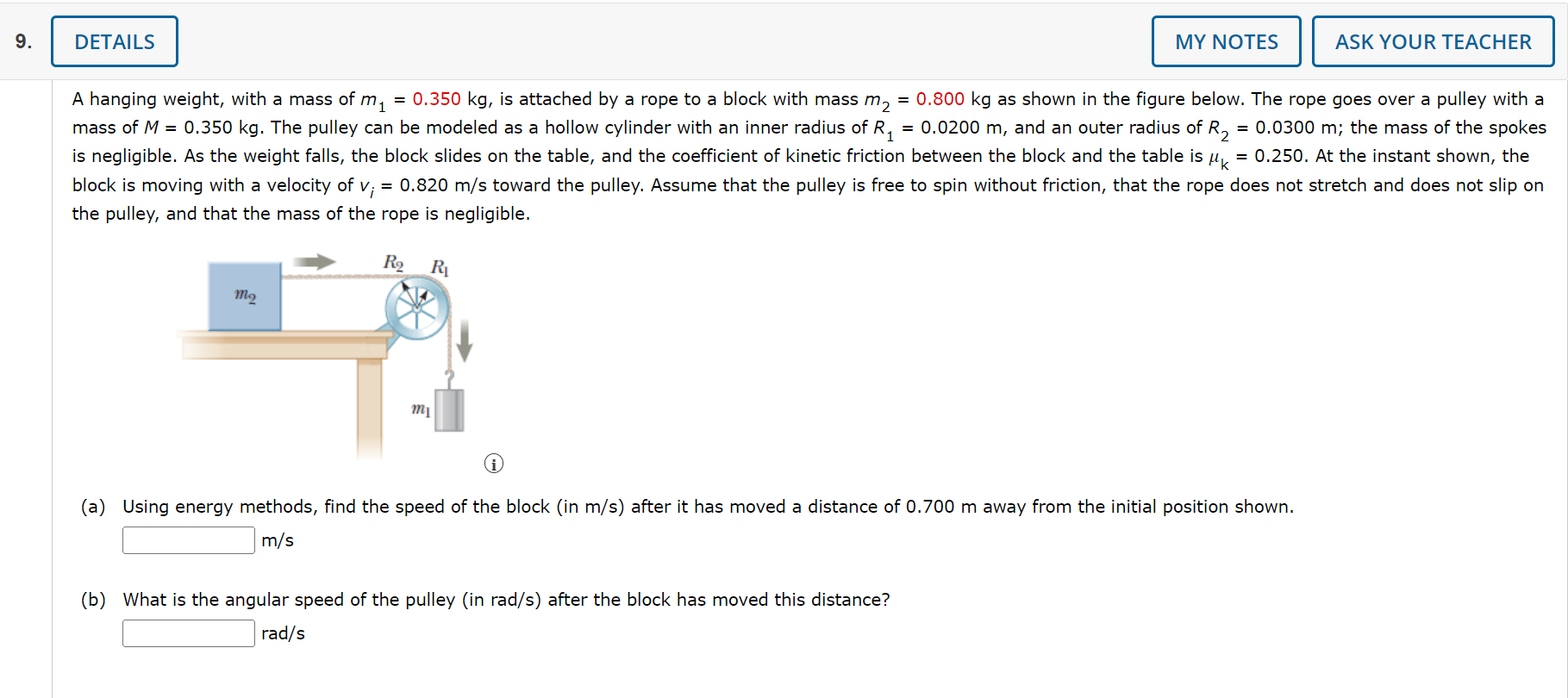 Solved A Hanging Weight With A Mass Of M1 0 350 Kg Is