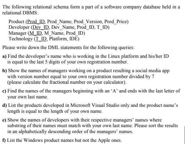 Solved The following relational schema form a part of a | Chegg.com