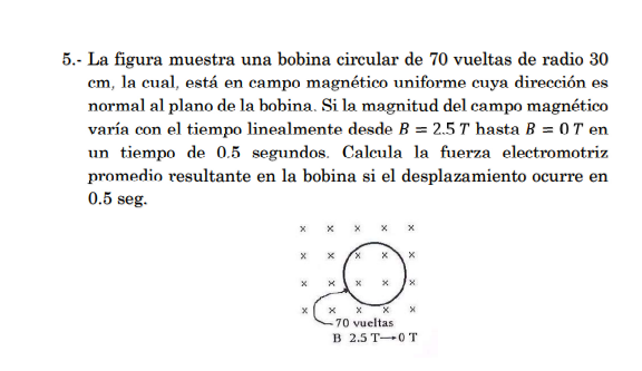 5.- La figura muestra una bobina circular de 70 vueltas de radio 30 cm, la cual, está en campo magnético uniforme cuya direcc