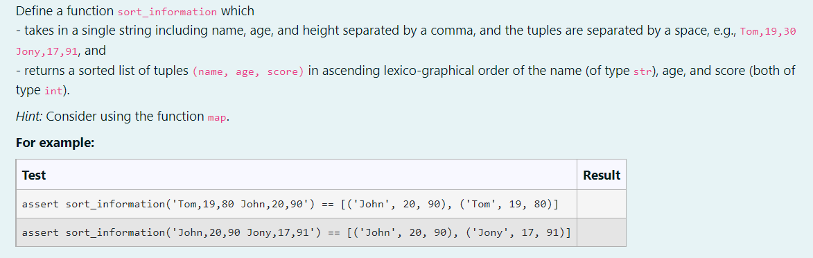 Solved Define a function sort_information which - takes in a | Chegg.com