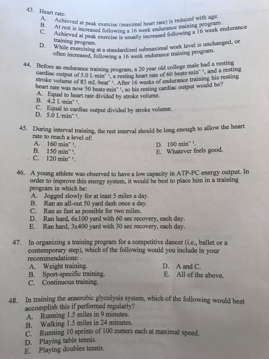 Solved 43. Heart Rate: A B. Achieved Achieved At Peak | Chegg.com