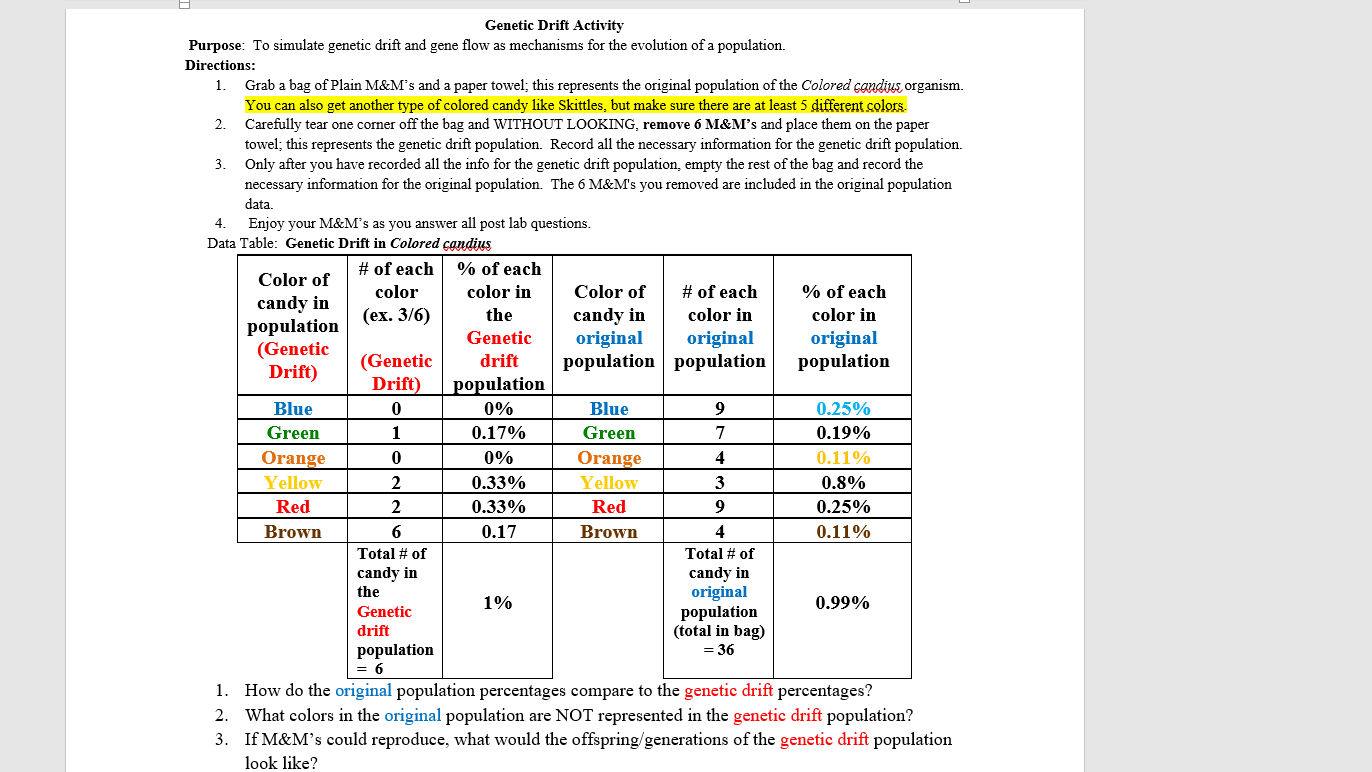 4. Genetic Drift Activity Purpose: To simulate | Chegg.com
