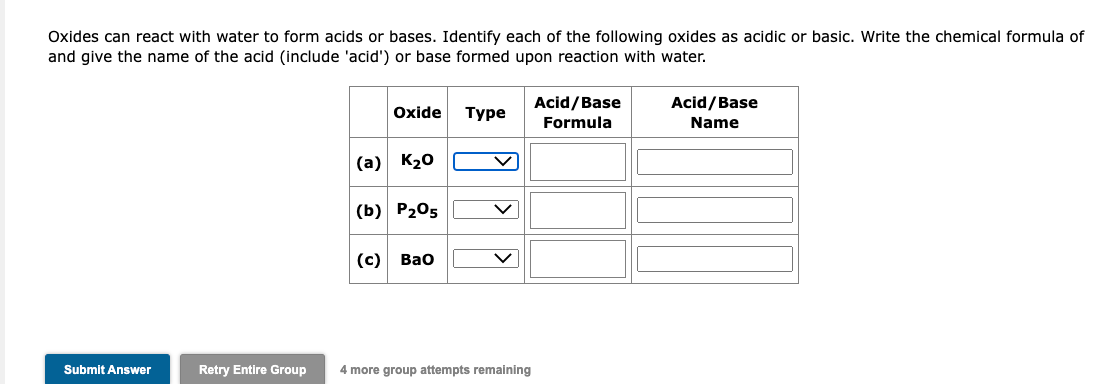 Solved Oxides can react with water to form acids or bases. | Chegg.com