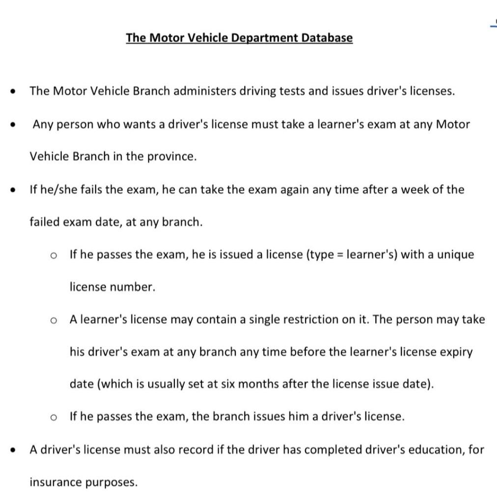 Solved The Motor Vehicle Department Database . The Motor