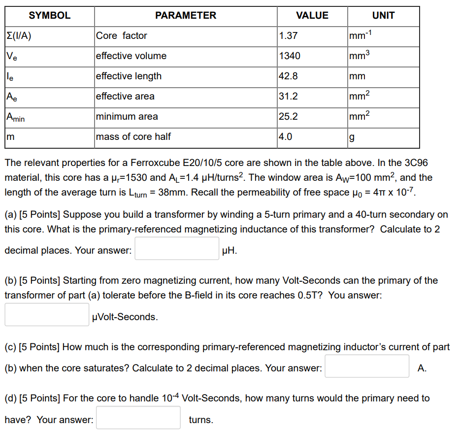Solved SYMBOL PARAMETER VALUE UNIT (1/A) Core factor 1.37 | Chegg.com