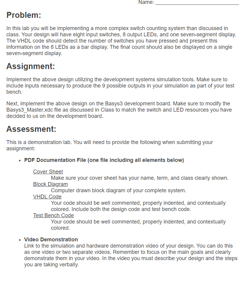 Solved Name: Problem: In this lab you will be implementing a | Chegg.com