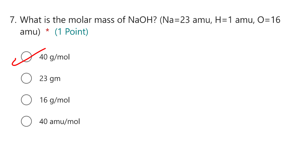 Solved What is the molar mass of NaOH ? ﻿amu) * (1 ﻿Point)& | Chegg.com