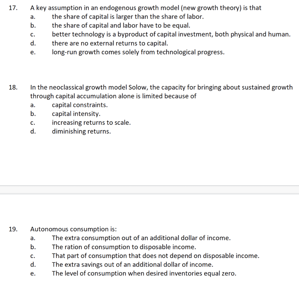 Solved 17. röö ooo A key assumption in an endogenous growth