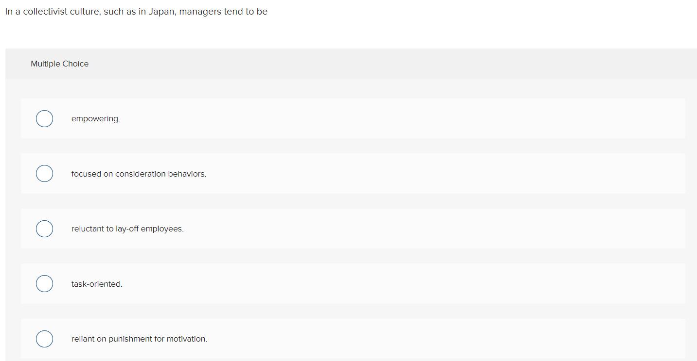 Solved In A Collectivist Culture Such As In Japan Managers Chegg