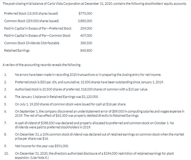 Solved The post-closing trial balance of Carla Vista | Chegg.com