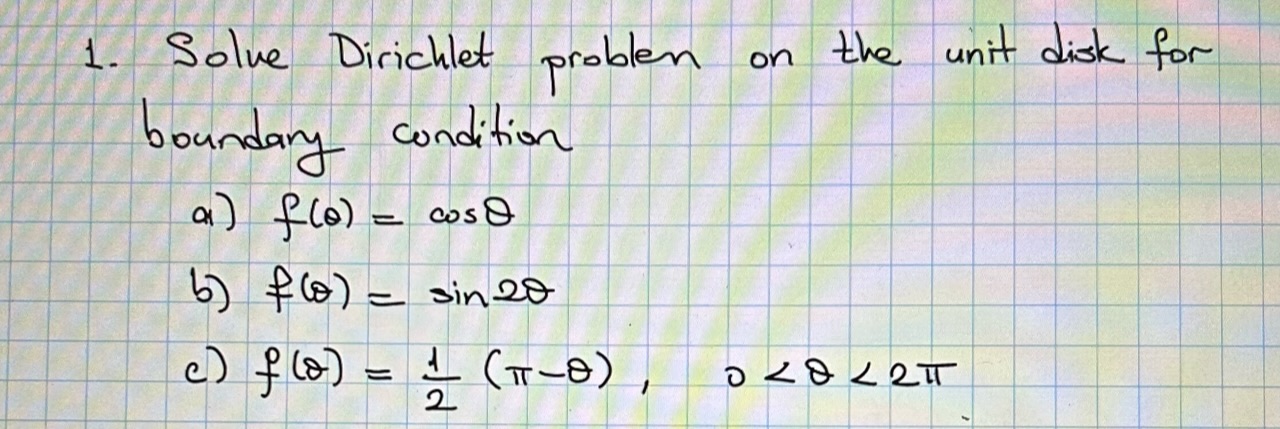 Solved 1. Solve Dirichlet Problen On The Unit Disk For | Chegg.com