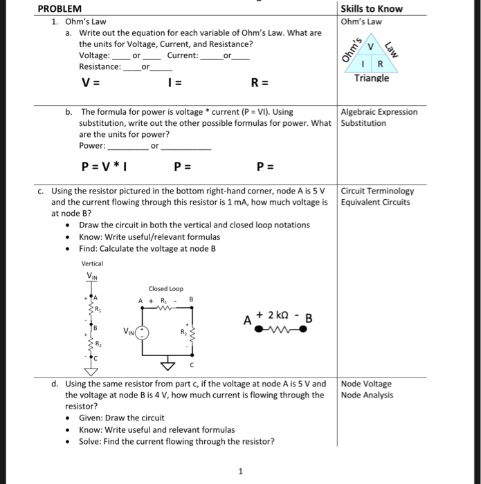 PROBLEM Skills To Know 1. Ohm's Law Ohm's Law Write | Chegg.com