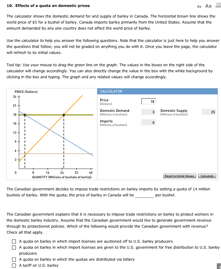 Solved 10. Effects of a quota on domestic prices Aa Aa The