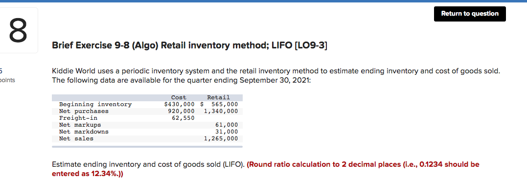 Solved Brief Exercise 9-8 (Algo) Retail inventory method; | Chegg.com