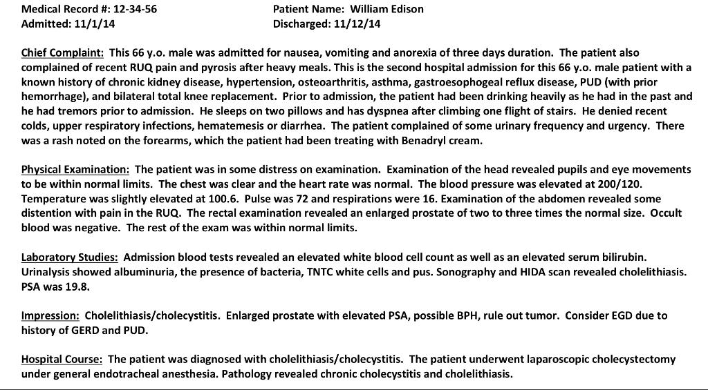 Medical Record #: 12-34-56 Admitted: 11/1/14 Patient Name: William Edison Discharged: 11/12/14 Chief Complaint: This 66 y.o.