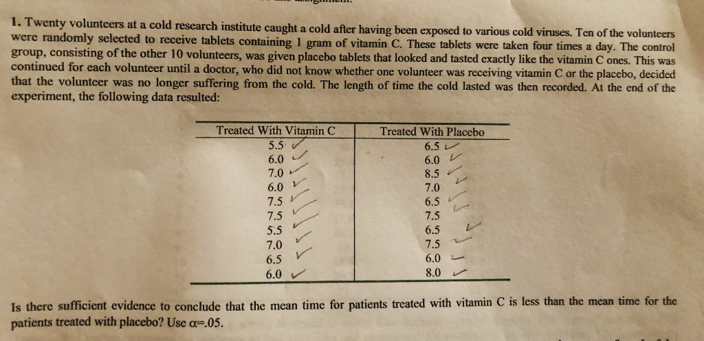 Solved 1. Twenty volunteers at a cold research institute | Chegg.com