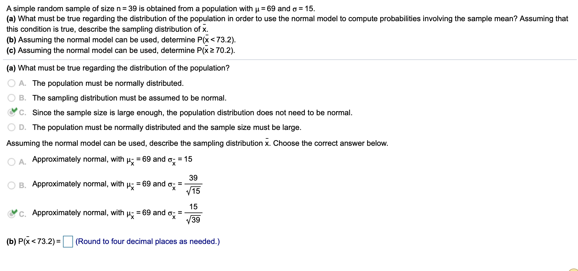 Solved A simple random sample of size n=39 is obtained from | Chegg.com
