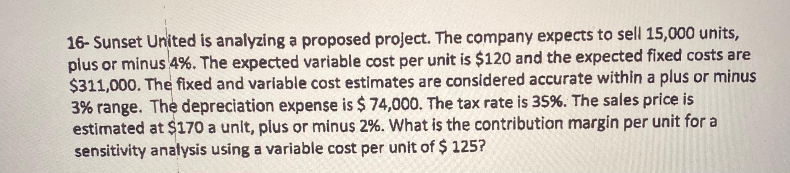 Solved 16- Sunset United is analyzing a proposed project. | Chegg.com